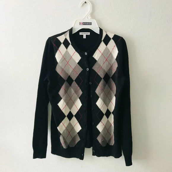 Black argyle knit Golf Sweater Cardigan - Picture 1 of 2